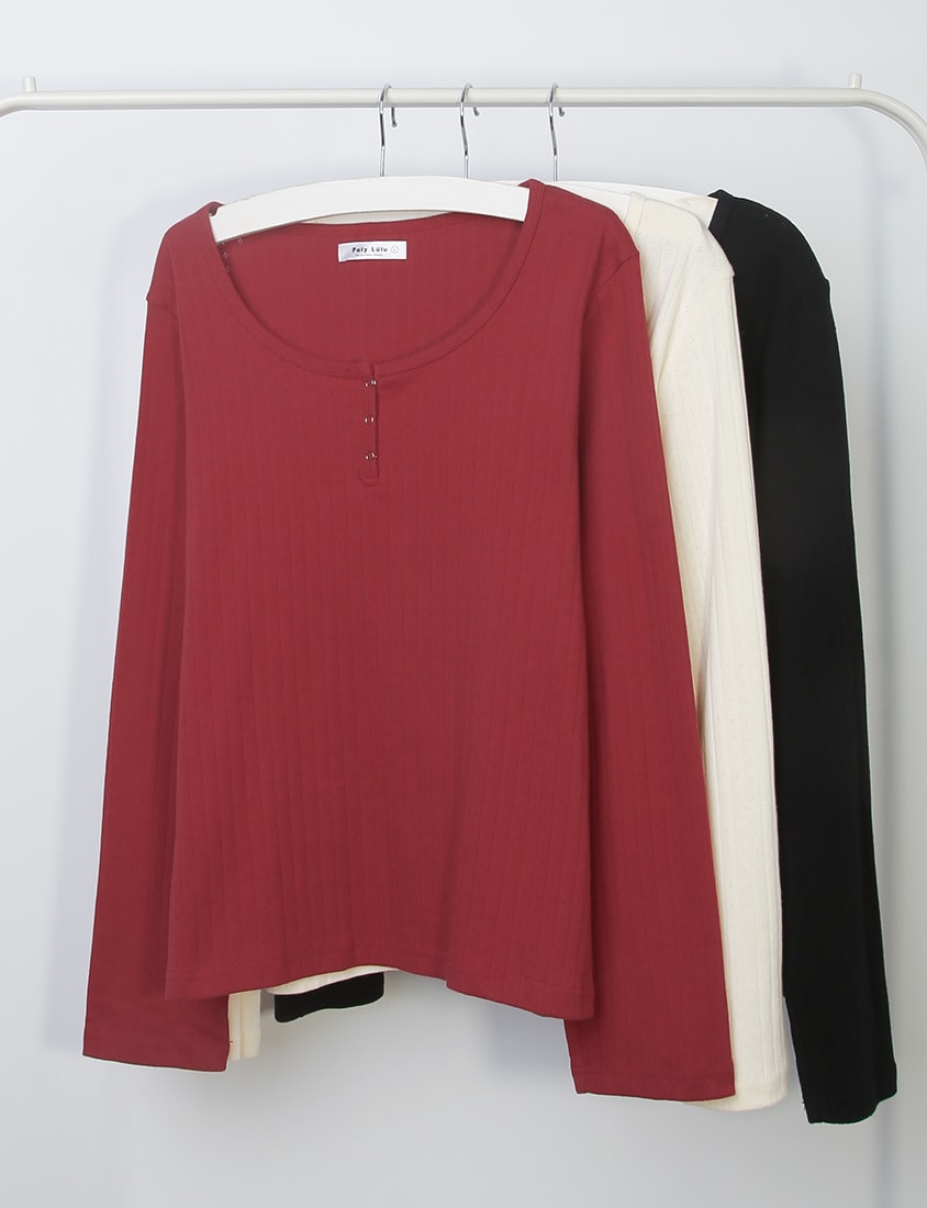 Jacquard Ribbed Button-Front Plus Size Crewneck Top