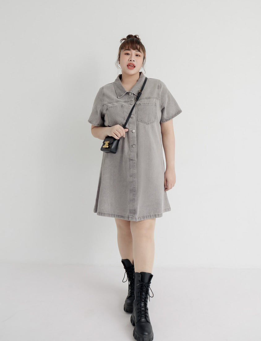 Versatile A-Line Denim Plus Size Shirt Dress