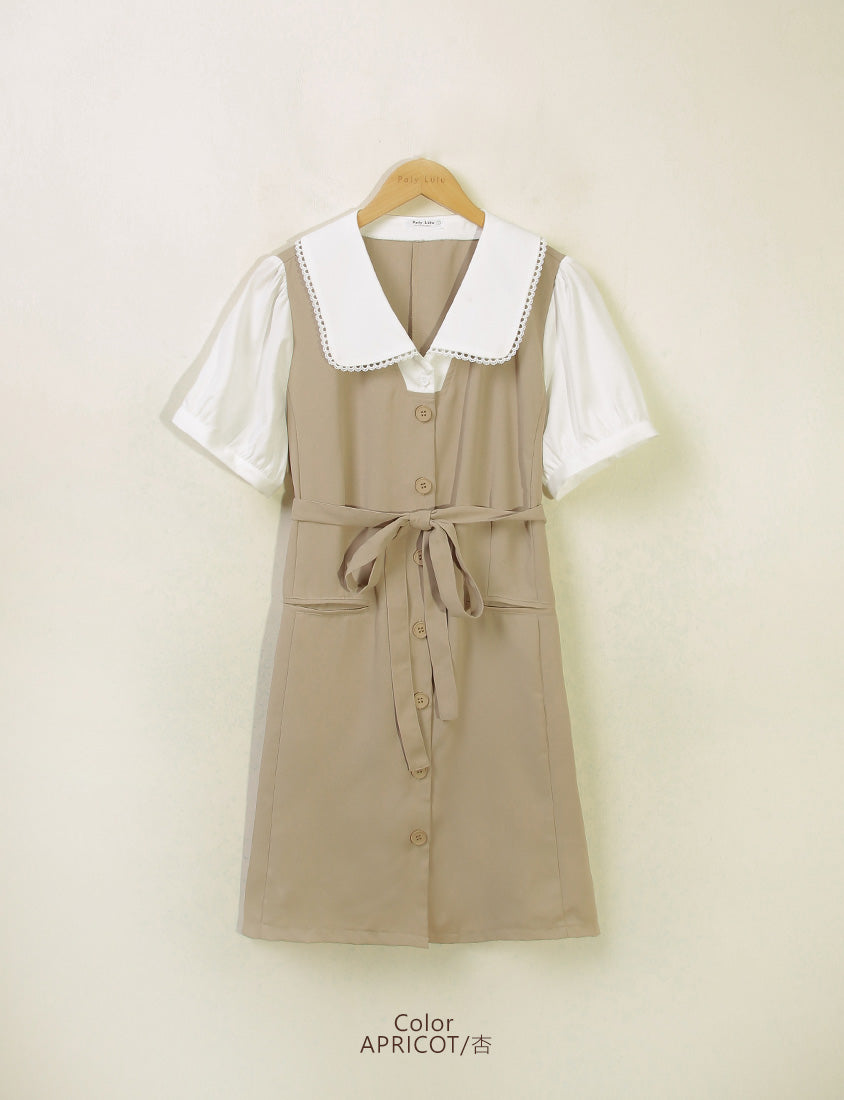 MISS. Elegant Lace Collar Plus Size Puff Sleeve Dress (With Waist Tie)
