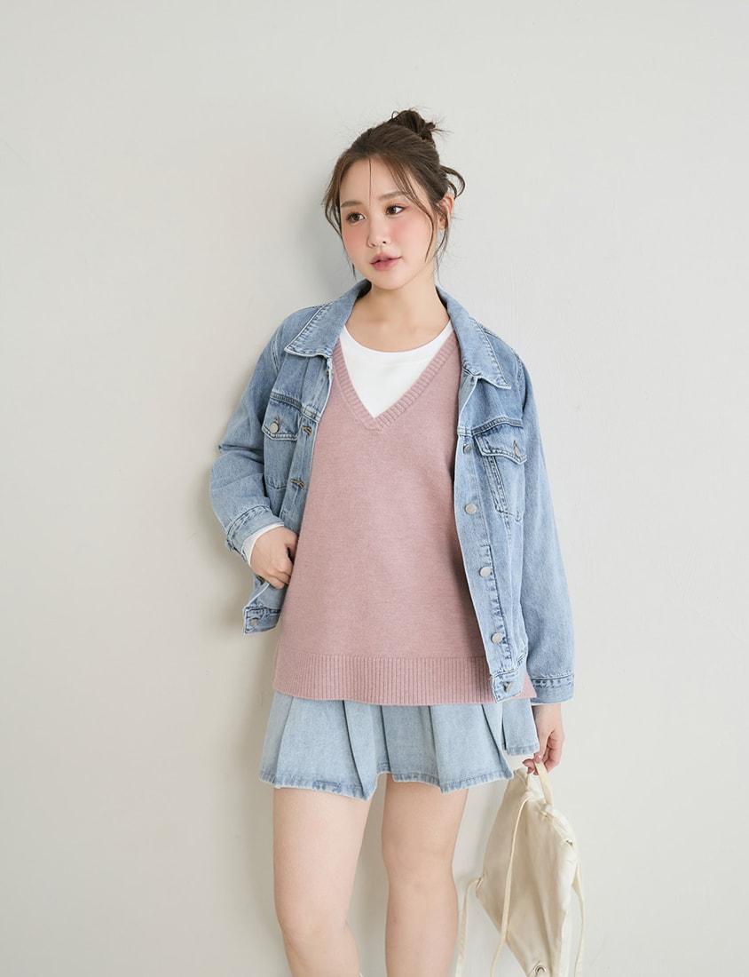 Versatile Multicolor V-Neck Mid-Length Plus Size Knit Vest