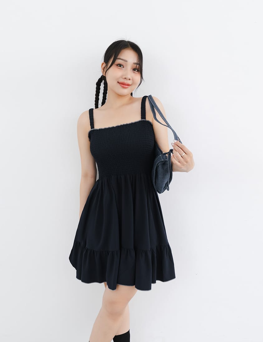 Colorblock Ruffle Trim Smocked Tiered Plus Size Mini Dress