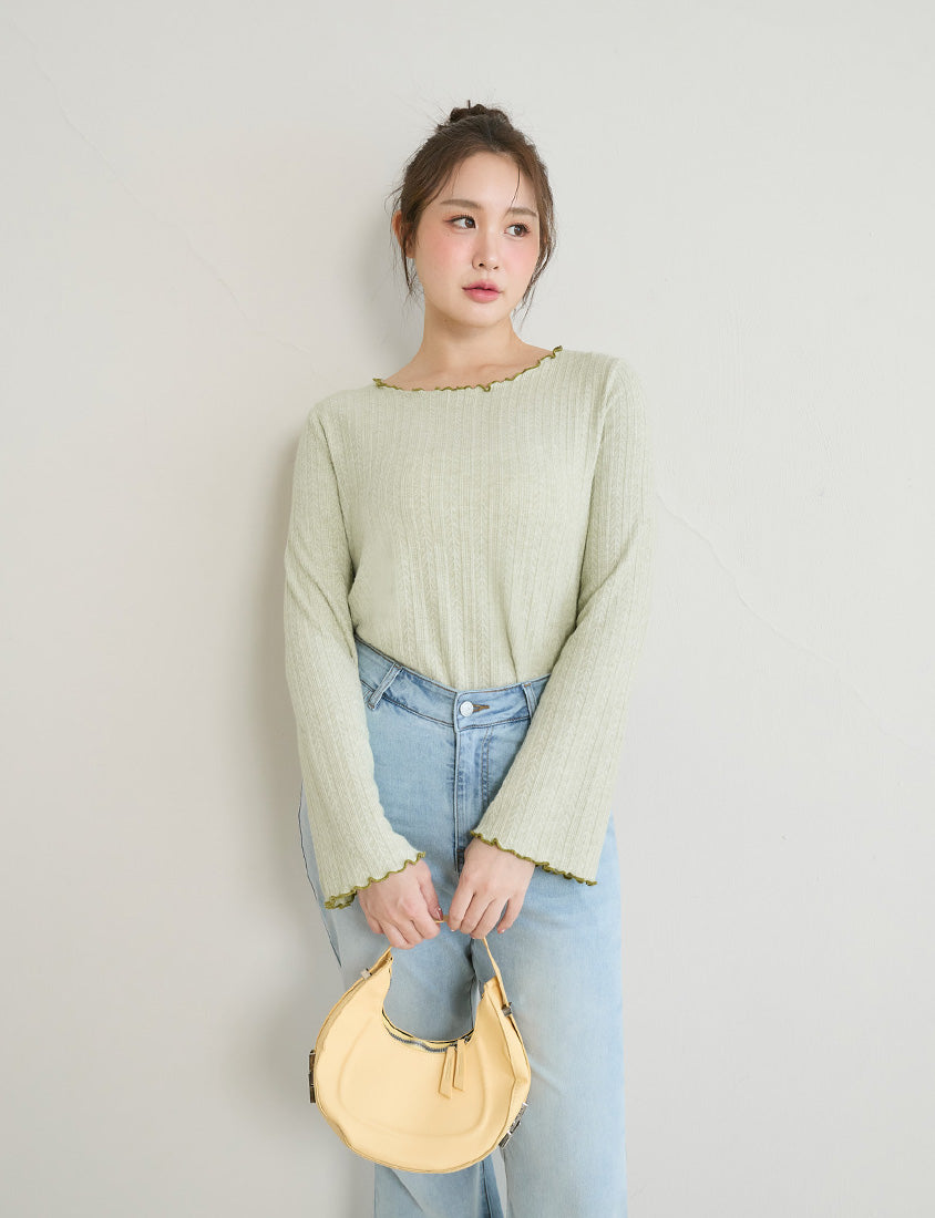 Contrast Lettuce-Edge Jacquard Plus Size Long Sleeve Top