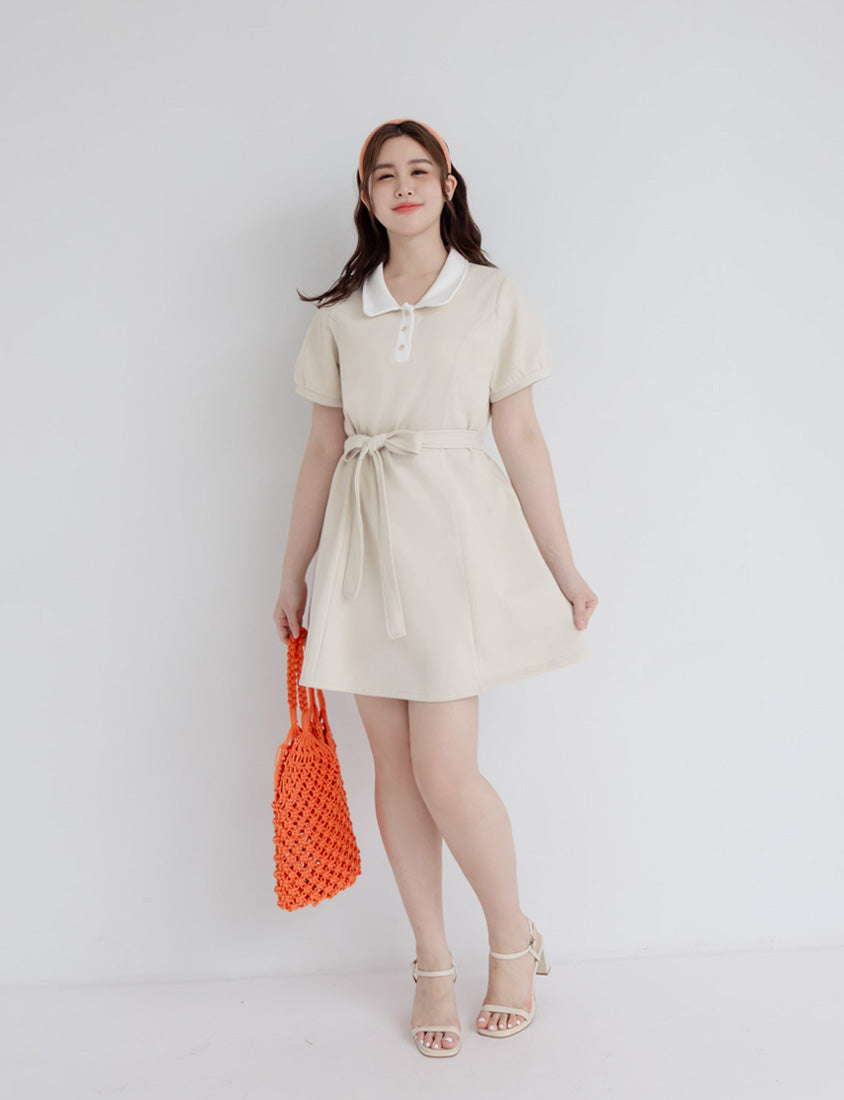Color-Block Polo Collar Plus Size Mini Dress (With Belt)