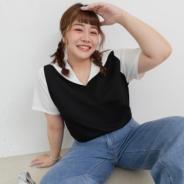 Space Cotton Sailor Collar Faux Two-Piece Plus Size Top