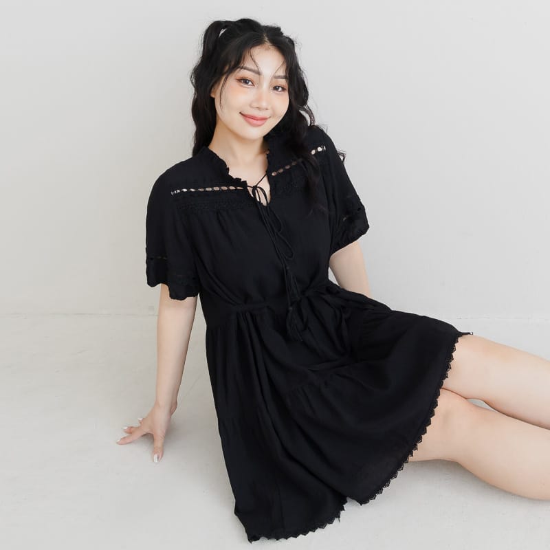 Intricate Lace Tie-Waist Flare Plus Size Mini Dress
