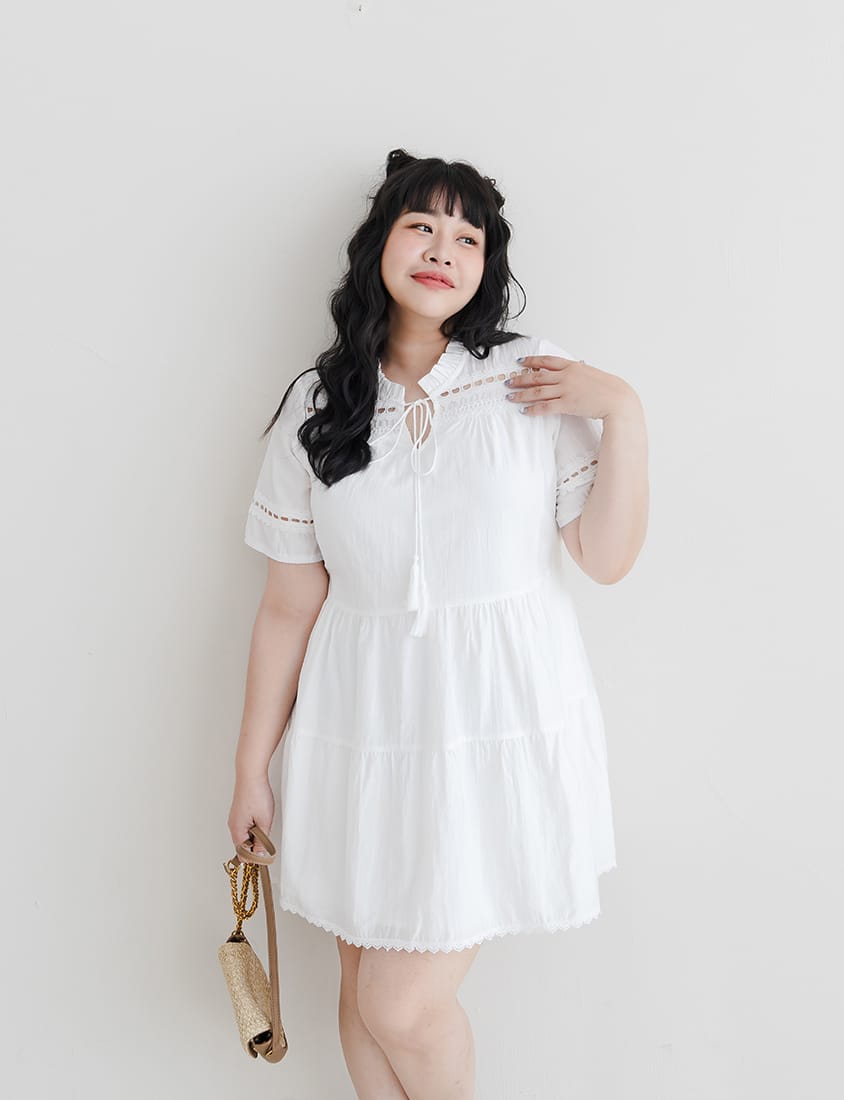 Intricate Lace Tie-Waist Flare Plus Size Mini Dress