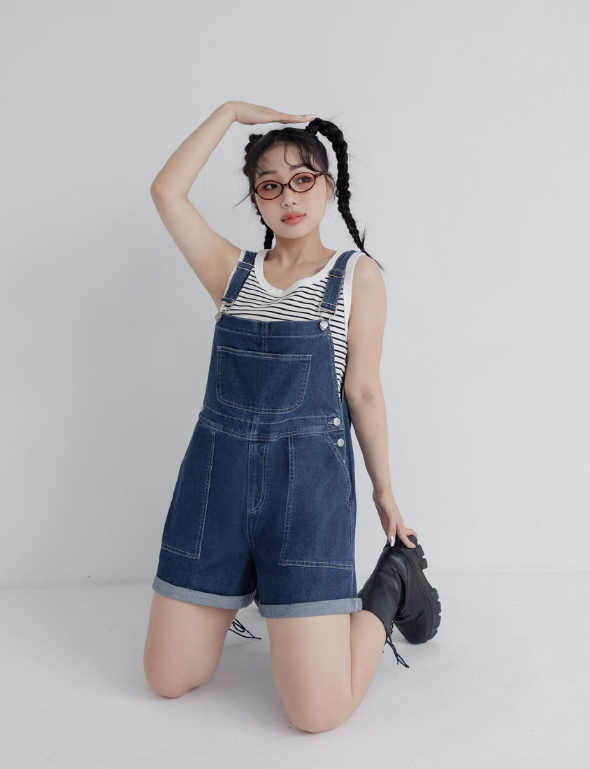 Adjustable Cuffed Denim Plus Size Overall Shorts