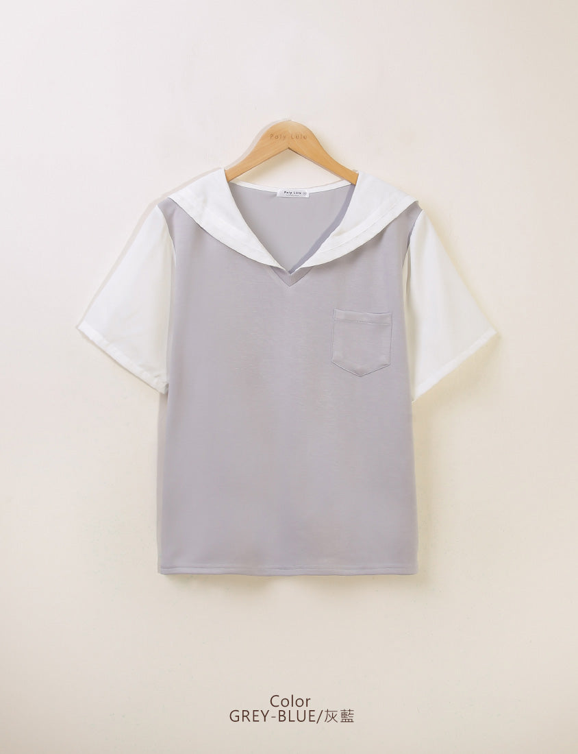 Space Cotton Sailor Collar Faux Two-Piece Plus Size Top