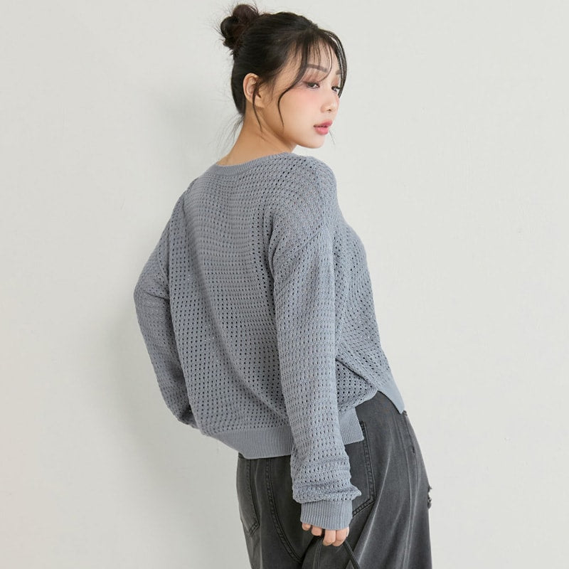 Anti-Pilling V-Neck Eyelet Plus Size Knit Top