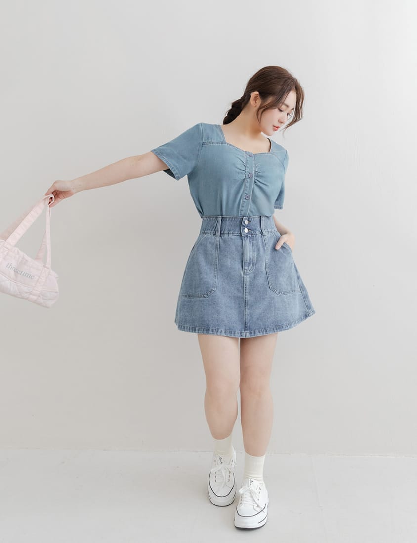 Front Ruched Button-Up Plus Size Denim Top