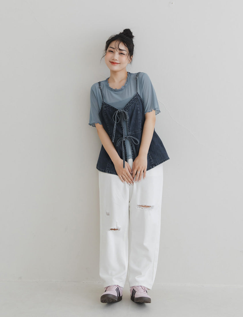 Double Layered Ruffle Sheer Stretch Plus Size Top