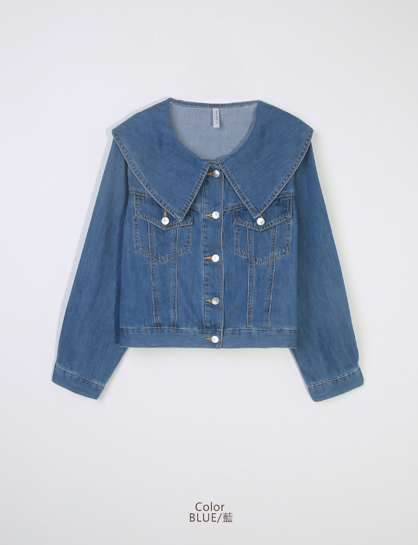 Korean Style Statement Collar Button-Down Plus Size Denim Jacket