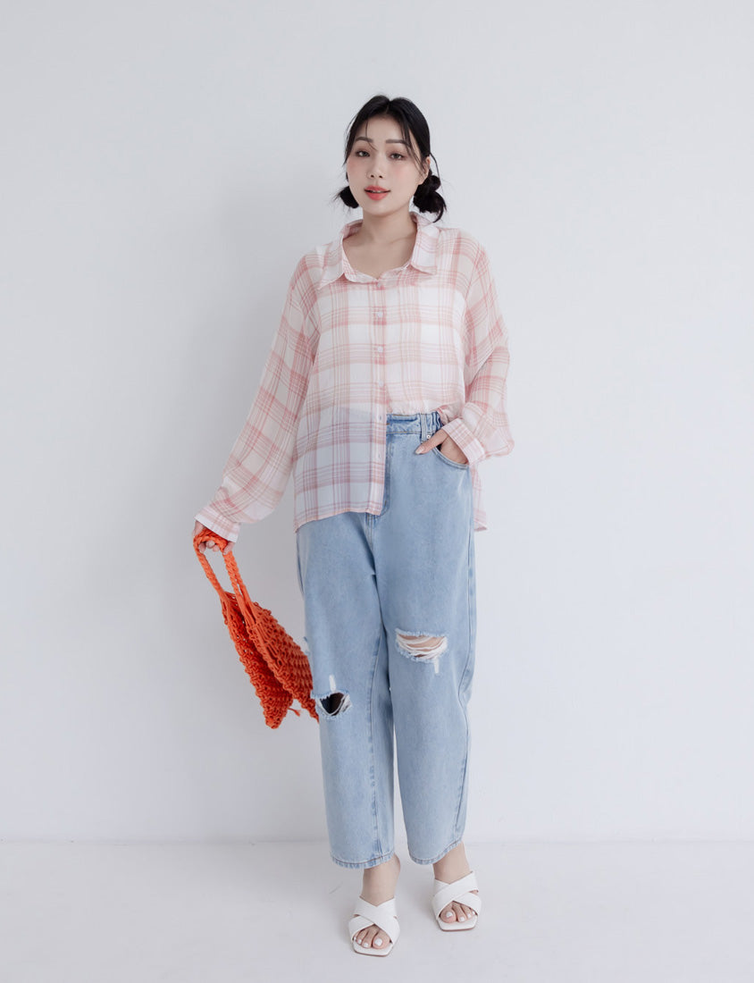 Crinkled Texture Sheer Plaid Plus Size Long Sleeve Shirt