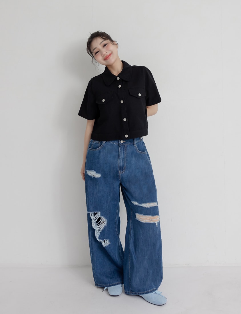 Korean Style Twill Button-Down Plus Size Short Sleeve Jacket