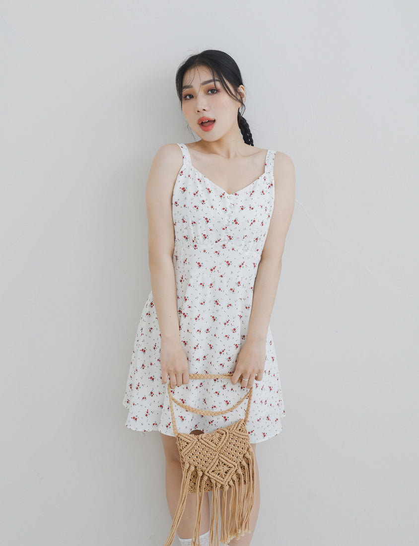 Adjustable Pearl Button Floral Plus-Size Mini Dress