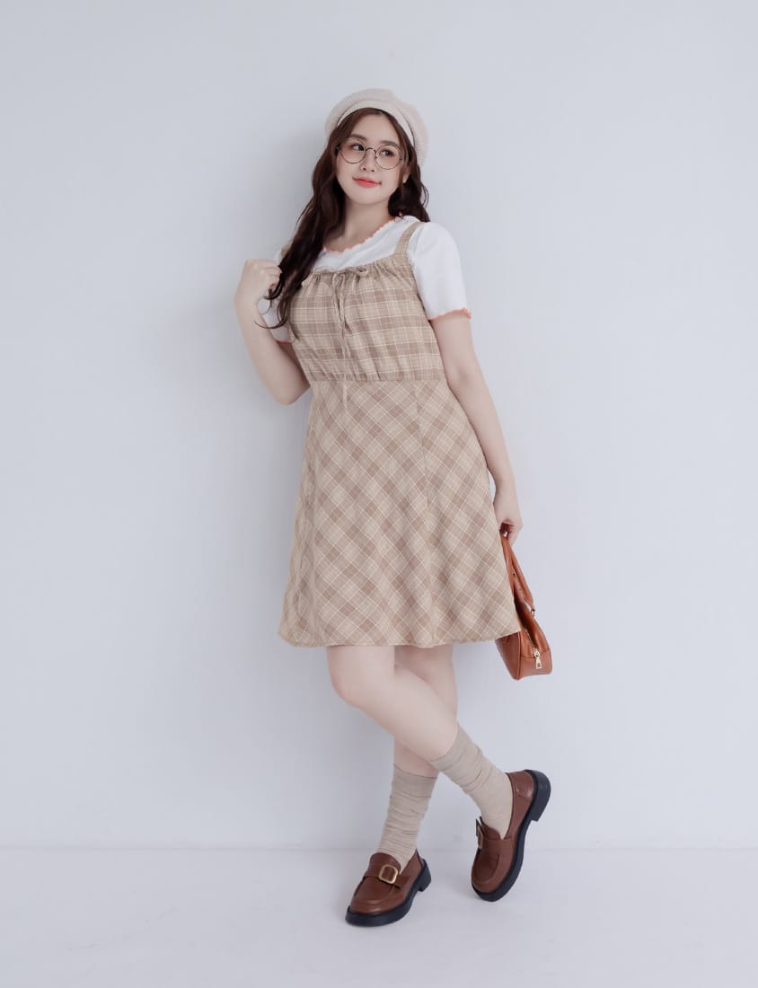 Preppy Adjustable Plaid Plus Size Mini Dress