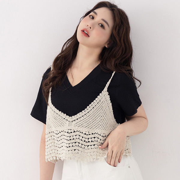 Crinkled Textured Two-Piece Hollow Plus Size Cami Top (with Inner Tank)