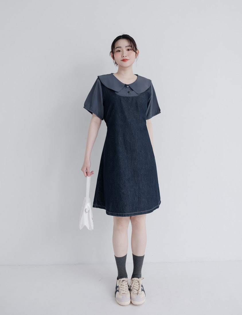 Faux Two-Piece Denim Collar Waist-Tie Plus Size Dress