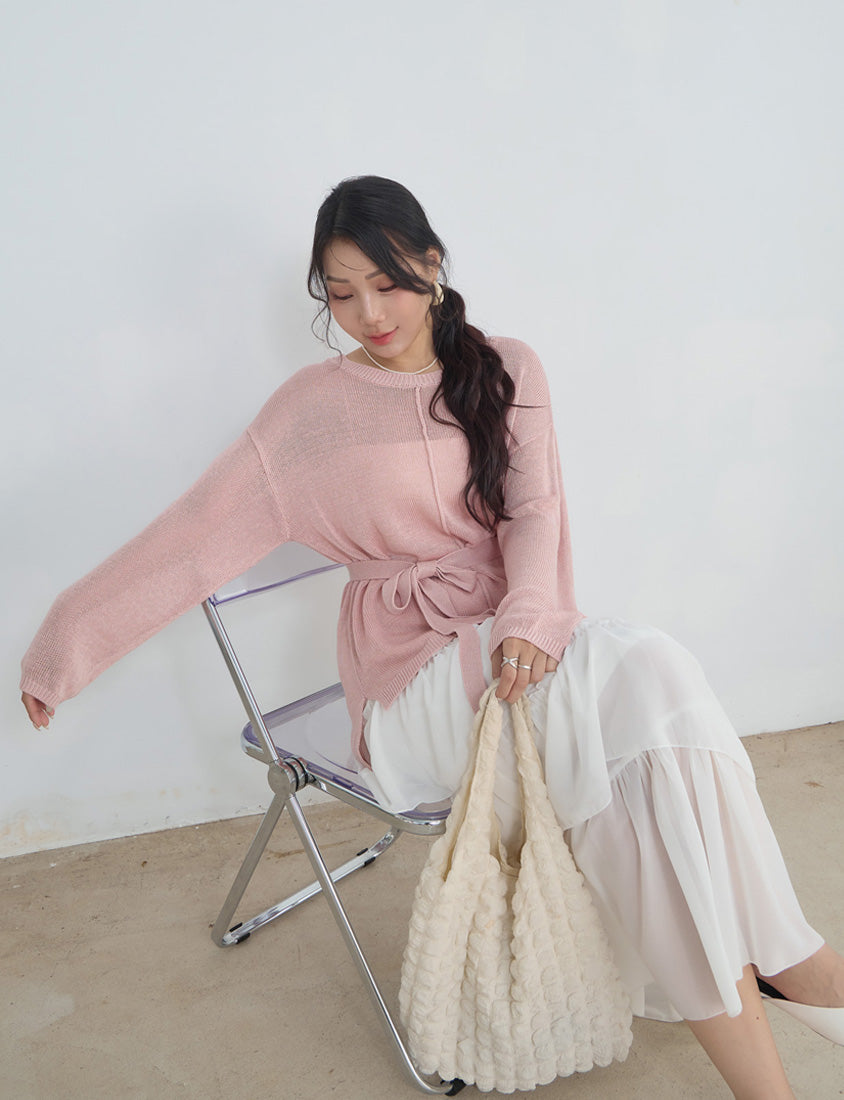 MISS. Korean Sheer Knit Plus Size Long Sleeve Top (with Waist Tie)