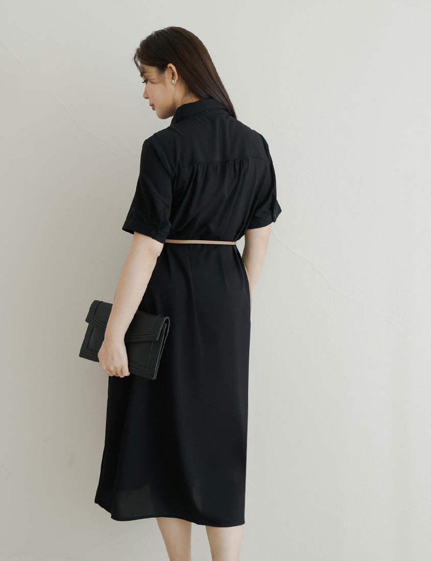 MISS. Button Twill Collar Plus Size Short Sleeve Dress (with Belt)