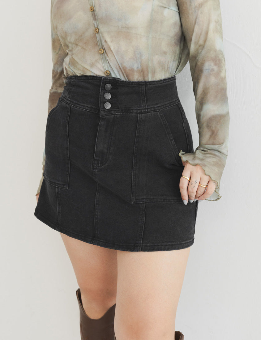 MUA! Ultra Stretch High Waist Washed Denim Plus Size Mini Skirt (With Pants)