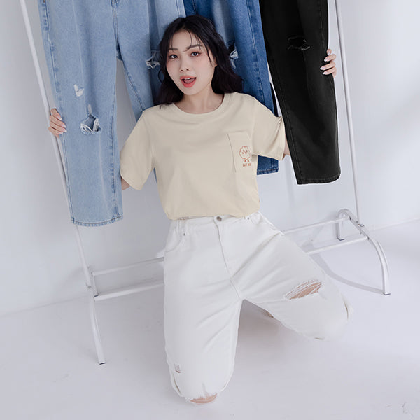 Distressed Side Elastic Waist Plus Size Boyfriend Jeans