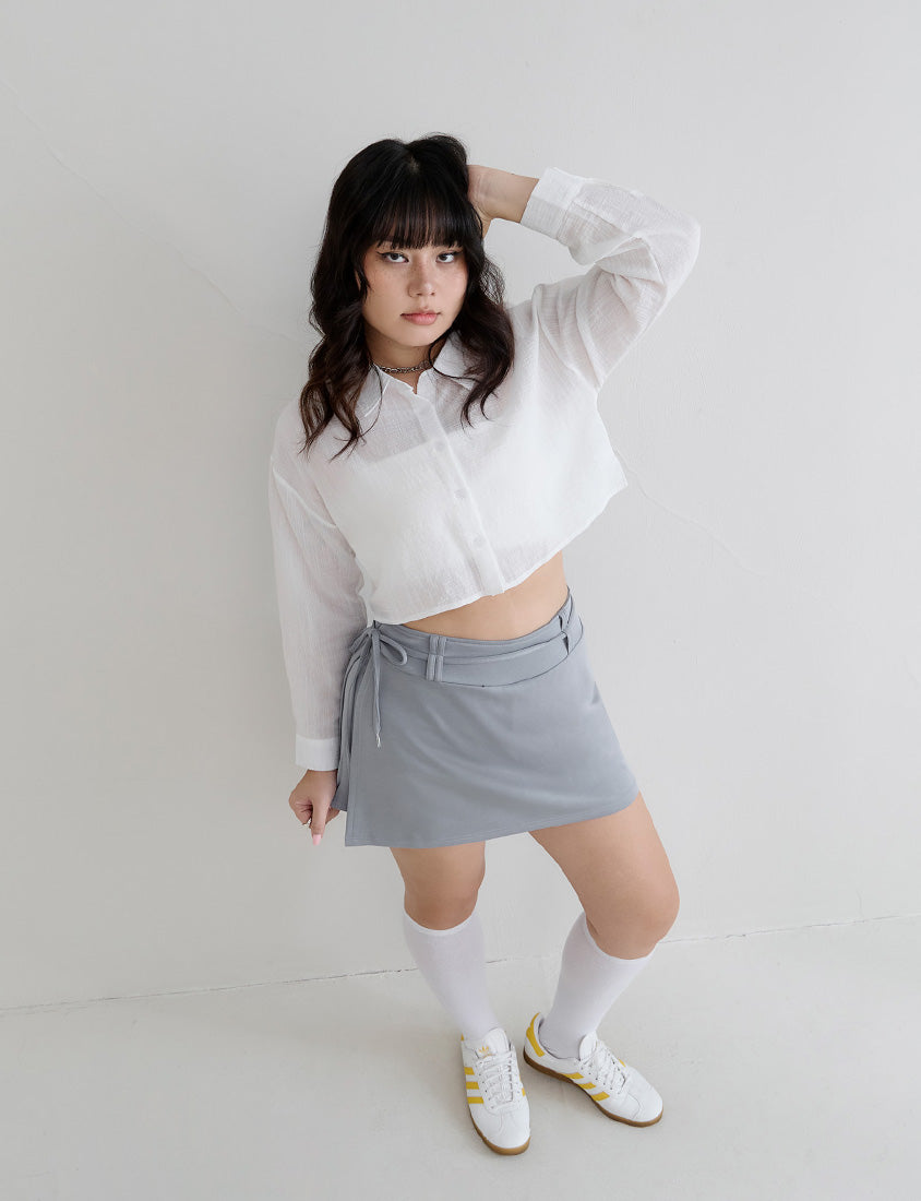 MUA! Cloud Cotton Pleated Slit Plus Size Mini Skirt (With Tie)