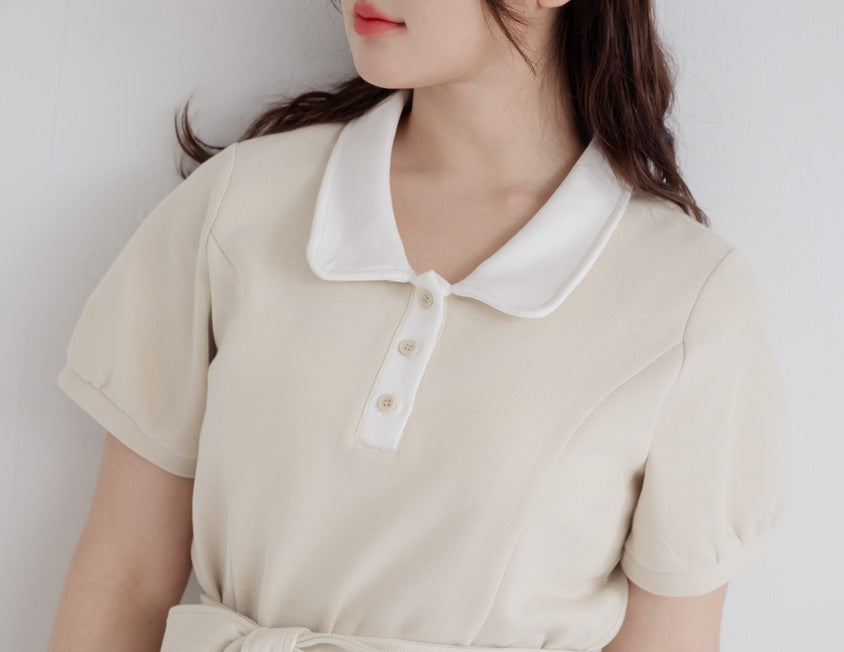 Color-Block Polo Collar Plus Size Mini Dress (With Belt)