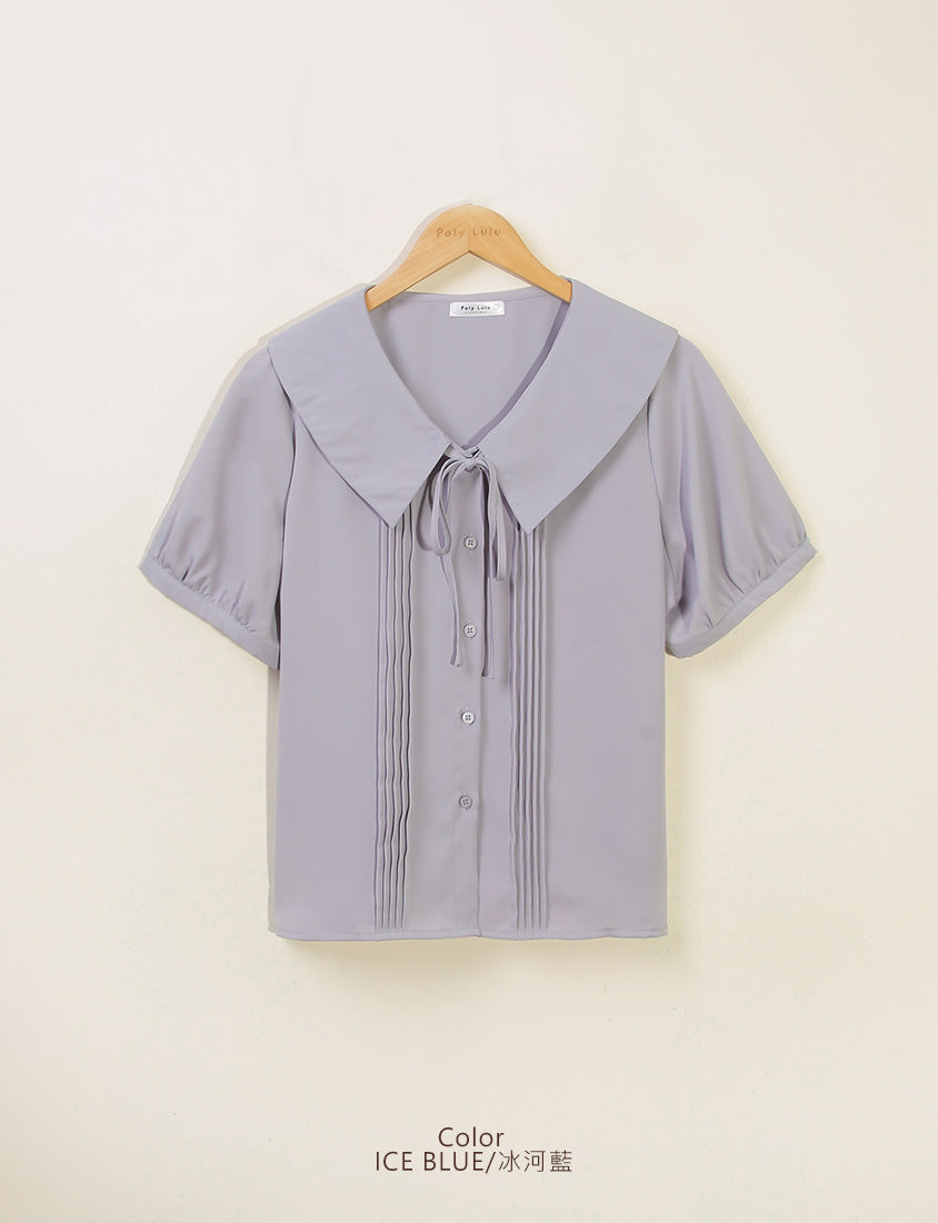 MISS. Sweet Pleated Lapel Collar Plus Size Puff Sleeve Blouse