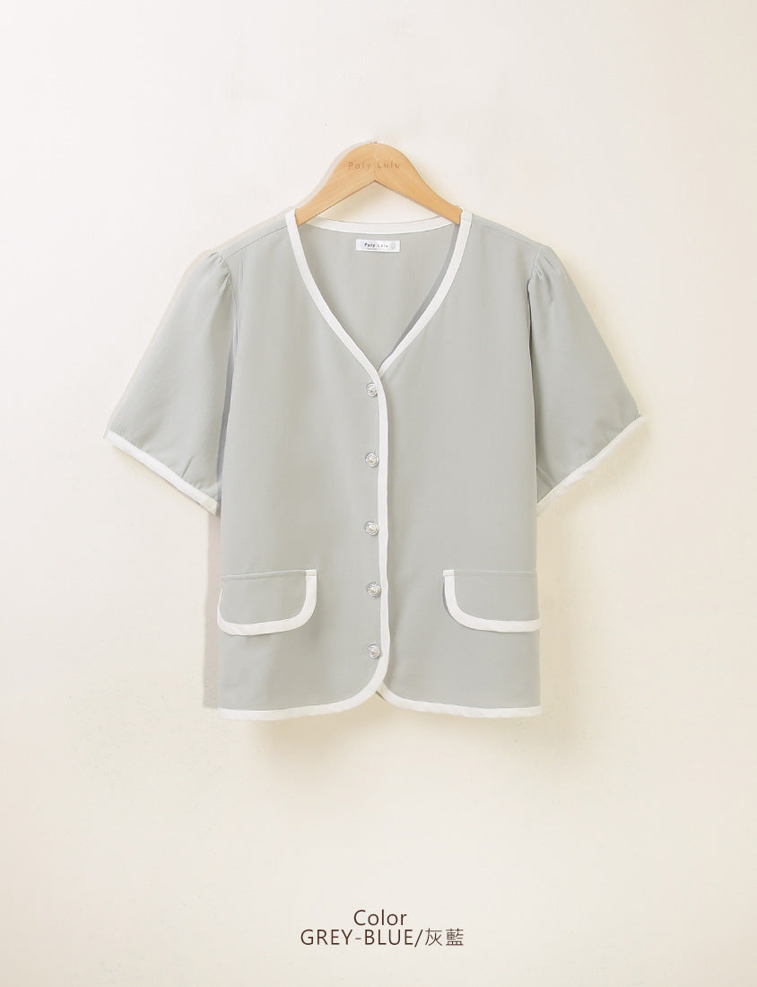 MISS. Elegant Contrast Trim Pearl Button Plus Size Top