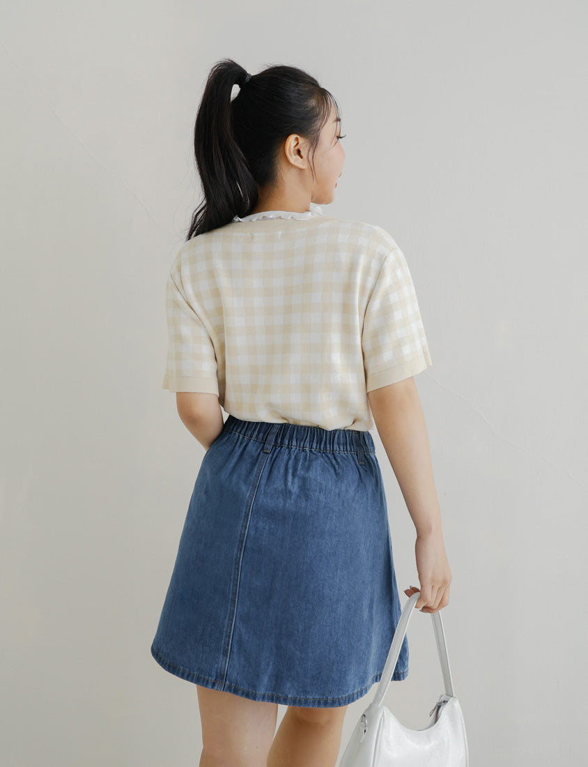 Plaid V-Neck Knit Plus Size Short Sleeve Top