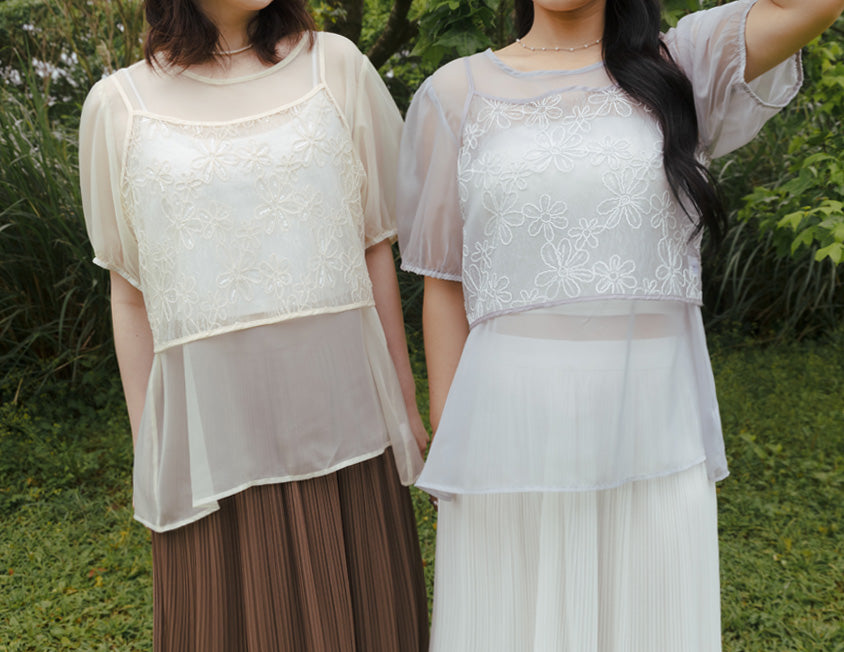 MISS. Sheer Textured Round Neck Puff-Sleeve Plus Size Blouse