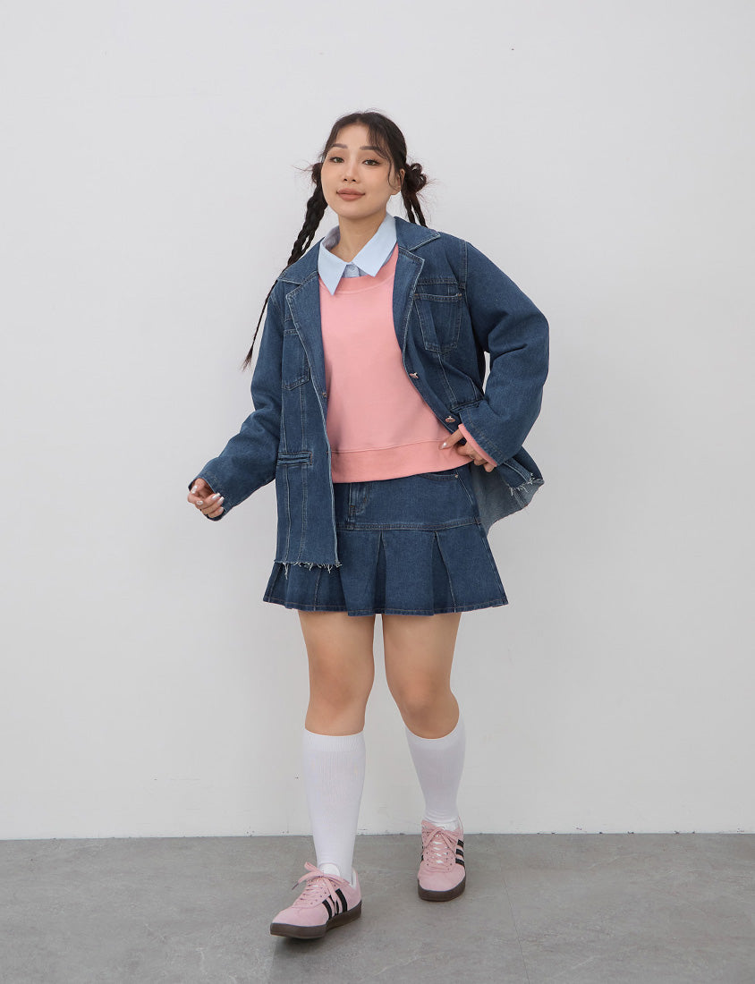 Vintage Washed Pleated Plus Size Denim Skort (With Pants)