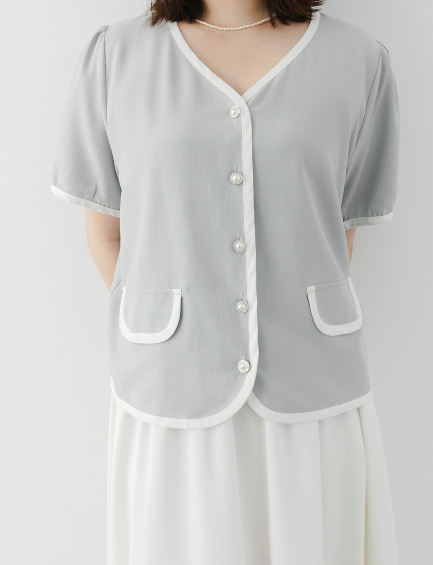 MISS. Elegant Contrast Trim Pearl Button Plus Size Top