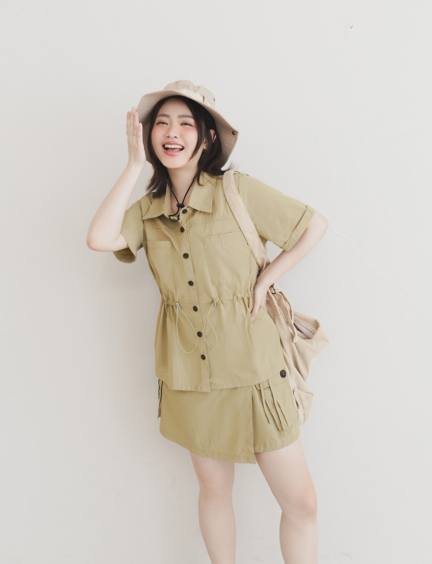Pockets Cargo Drawstring Waist Plus Size Shirt