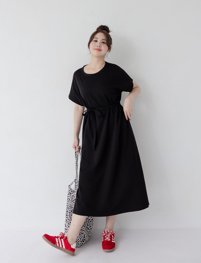 Casual Crew Neck Waist Tie Plus Size Maxi Dress