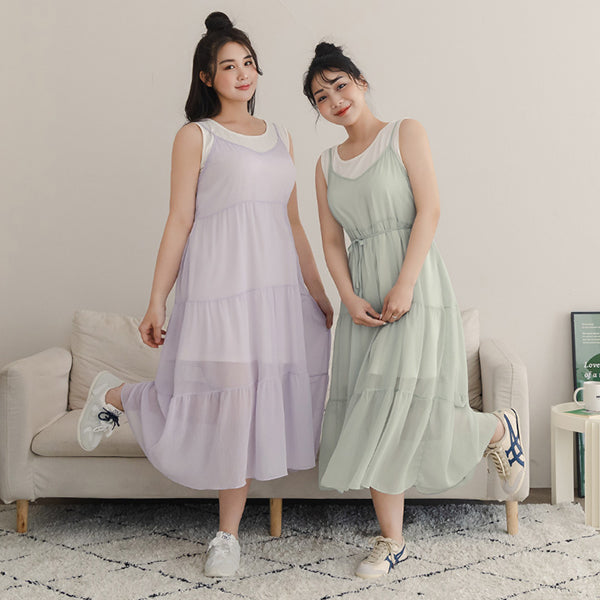 Two Piece Sheer Crinkled Tiered Plus Size Maxi Dress (with Inner Tank)