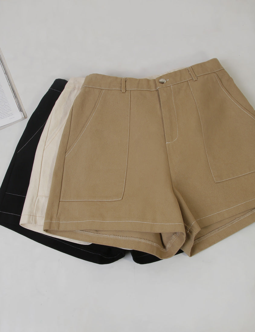 Twill Contrast Stitch High Waist Plus Size Shorts