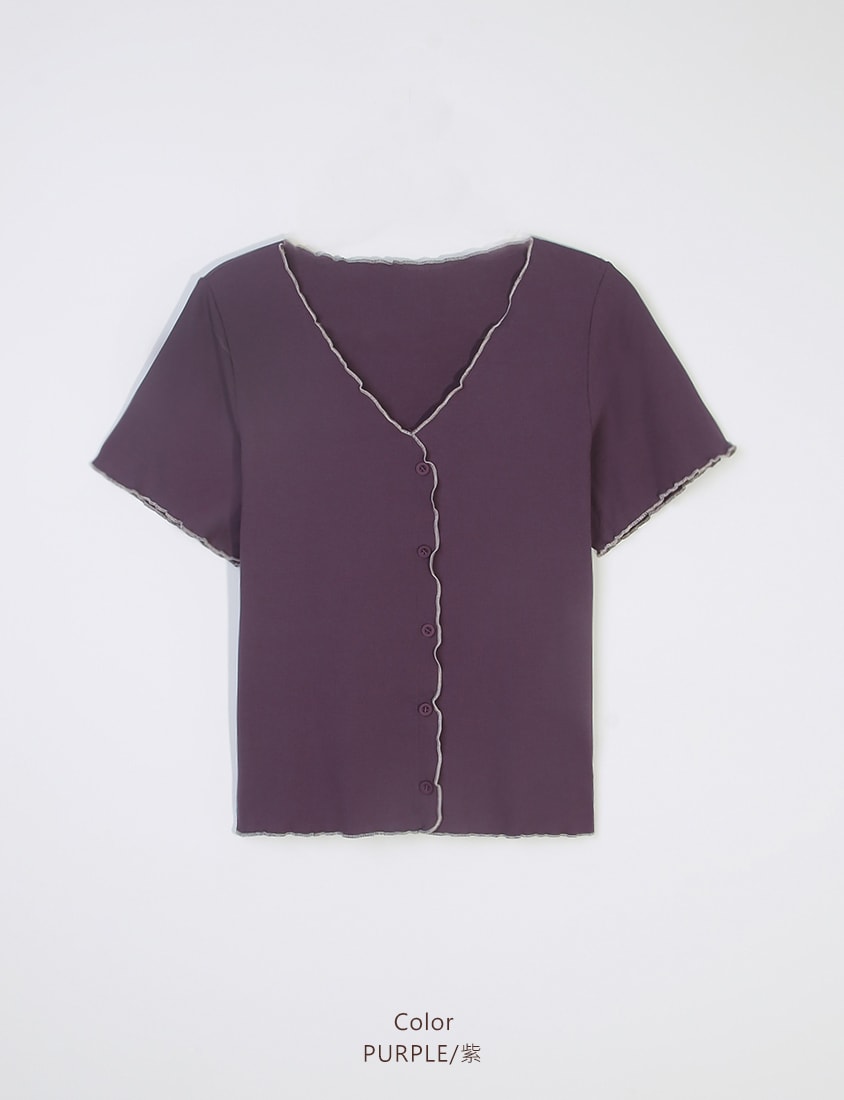 MUA! V-Neck Contrast Lettuce-Edge Plus Size Short Sleeve Top