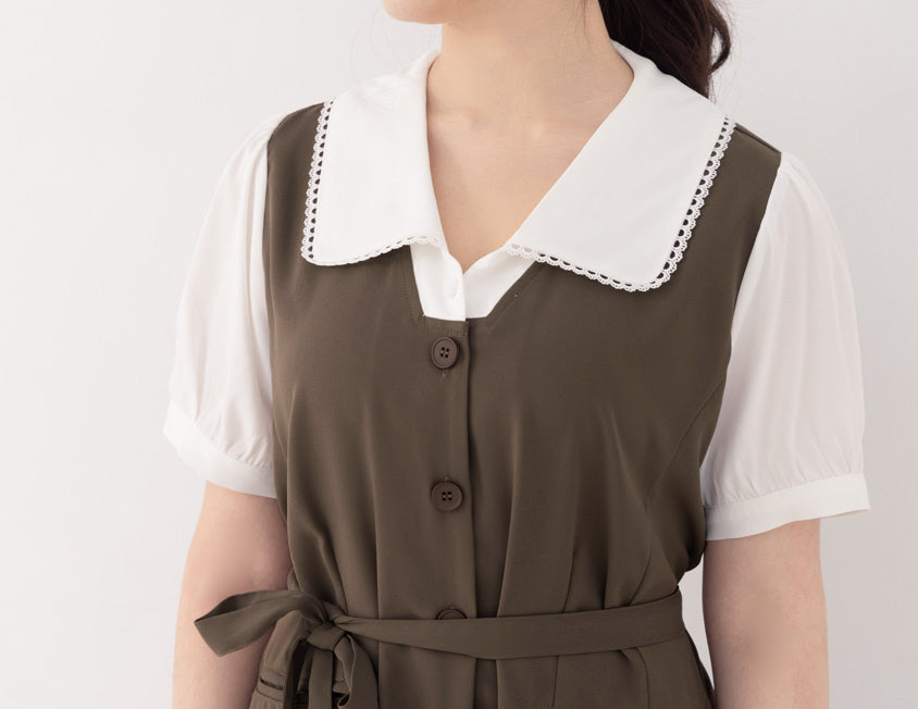 MISS. Elegant Lace Collar Plus Size Puff Sleeve Dress (With Waist Tie)