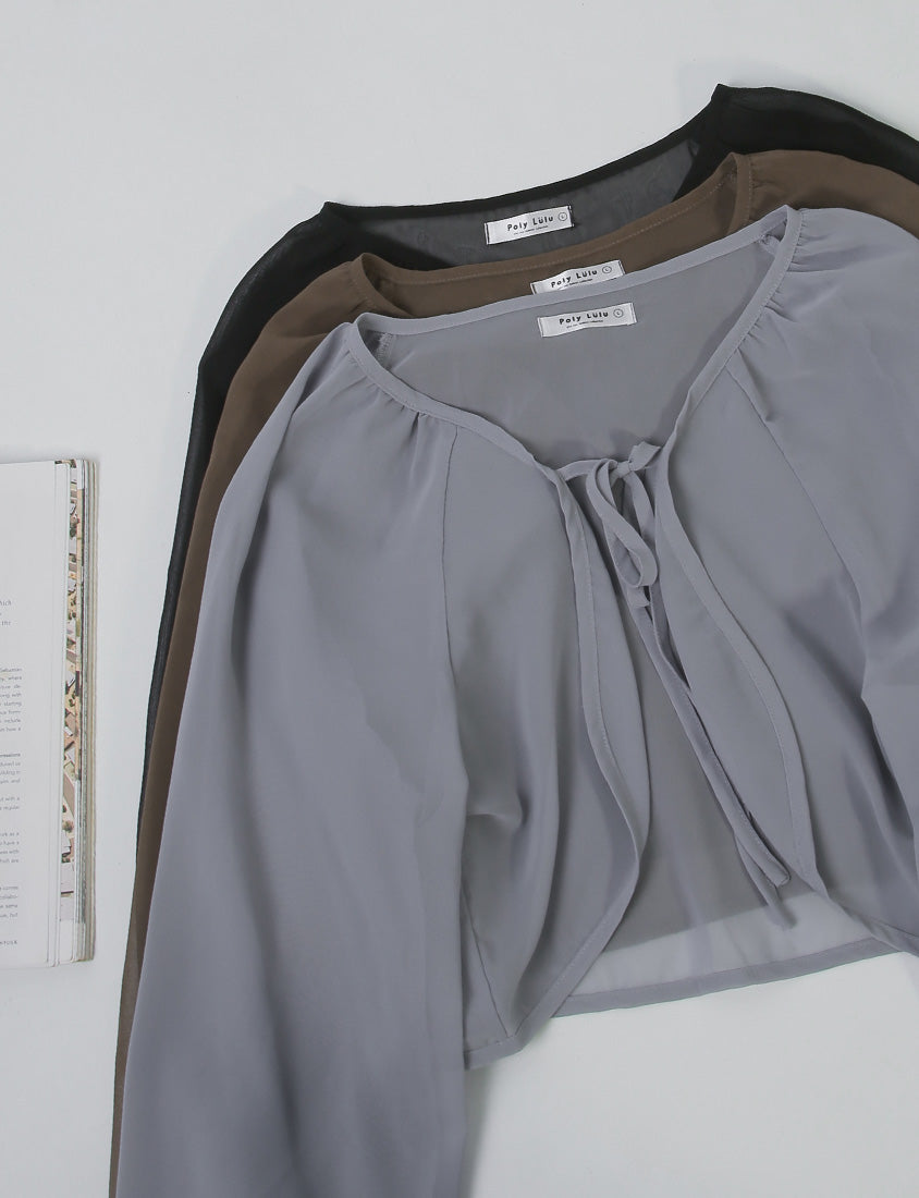 Japanese Style Puff Sleeve Tie Sheer Cropped Plus Size Cover-Up