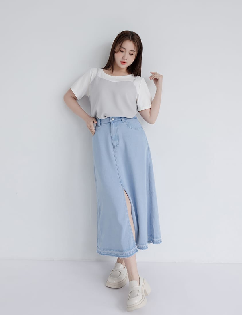 Lyocell Cooling Slit Plus Size Denim Maxi Skirt