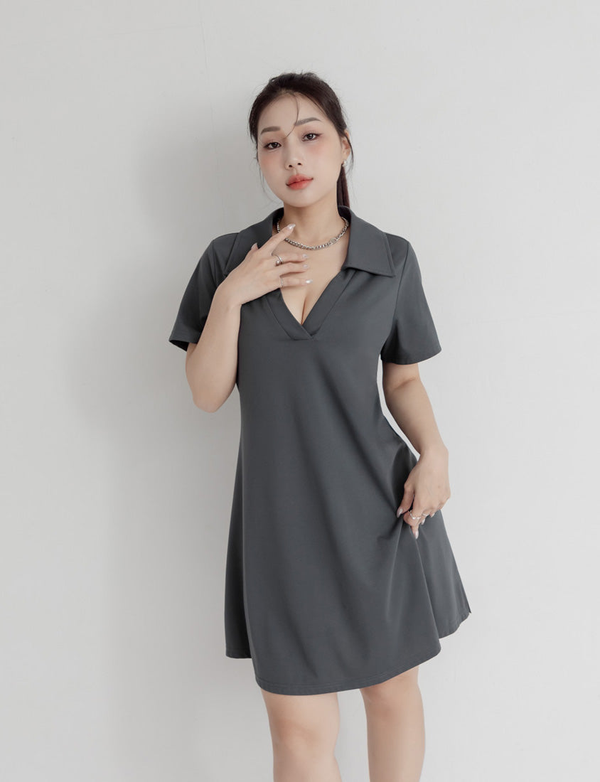 MUA! Chic Notched Collar Twill Plus Size Short Sleeve Dress