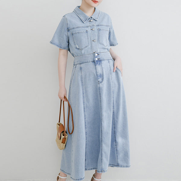 Lyocell Silky Denim Elastic Back Flare Plus Size Maxi Skirt