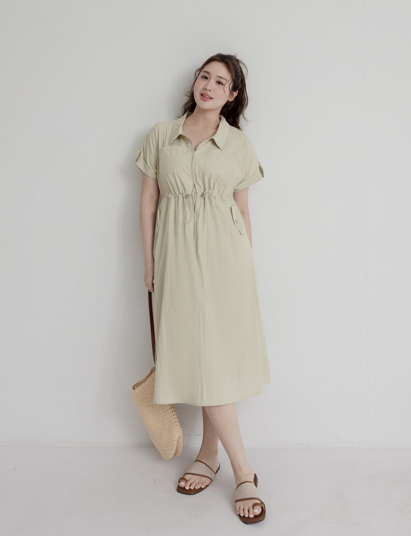 Utility Cargo Pocket Drawstring Cinched Waist Plus Size Maxi Dress