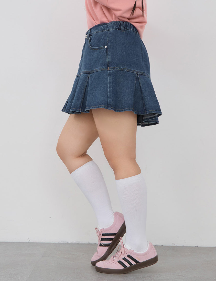 Vintage Washed Pleated Plus Size Denim Skort (With Pants)