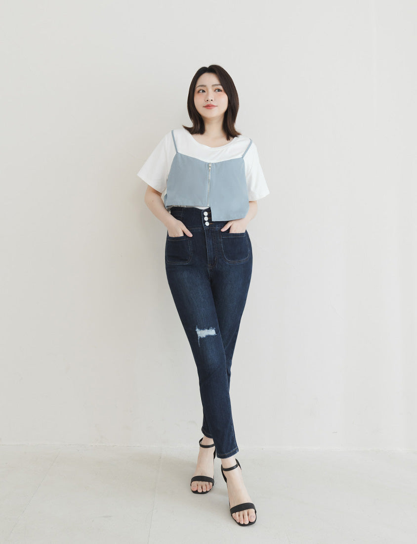 Asymmetric Front Zip Plus Size Layered Tee
