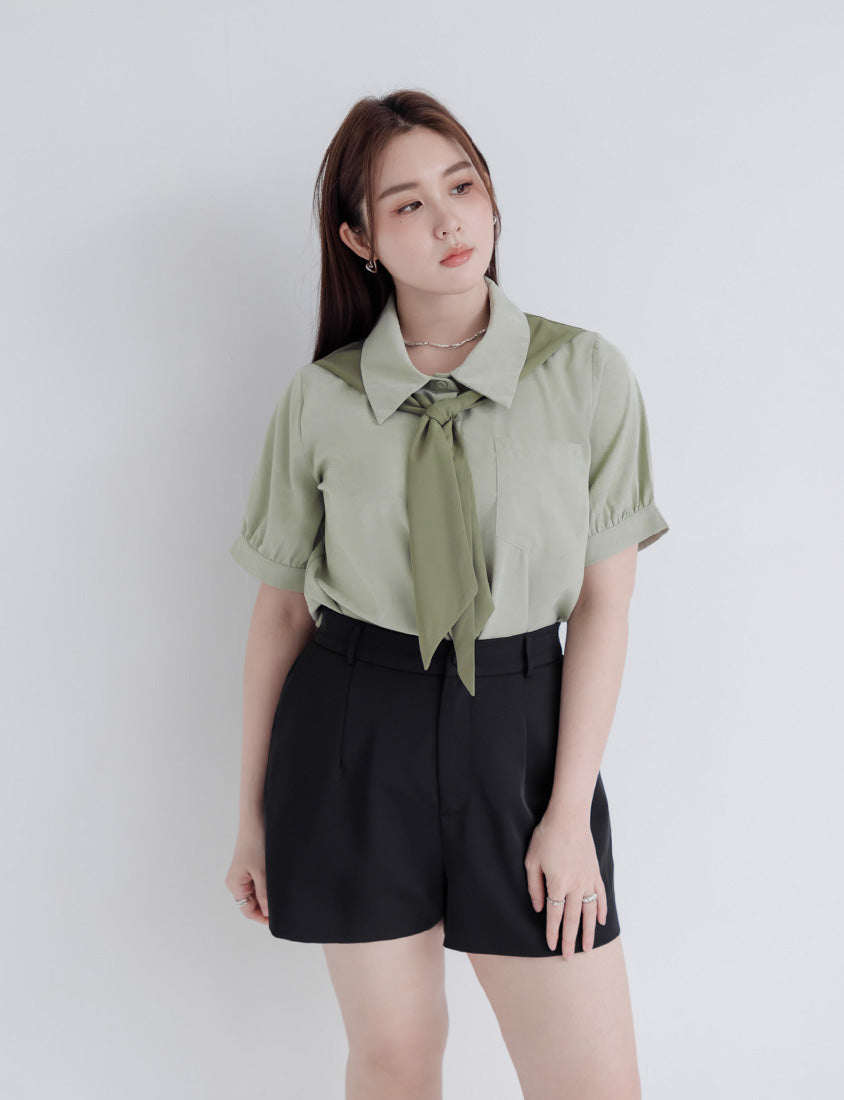 MISS. Faux Two-Piece Color-Block Bow Puff Sleeve Plus Size Blouse