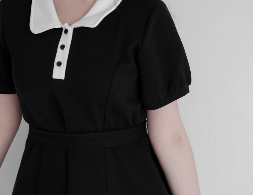Color-Block Polo Collar Plus Size Mini Dress (With Belt)