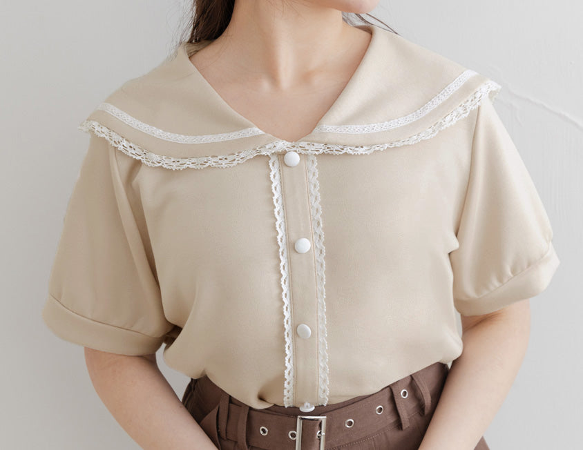 Space Cotton Sailor Collar Plus Size Lace Top